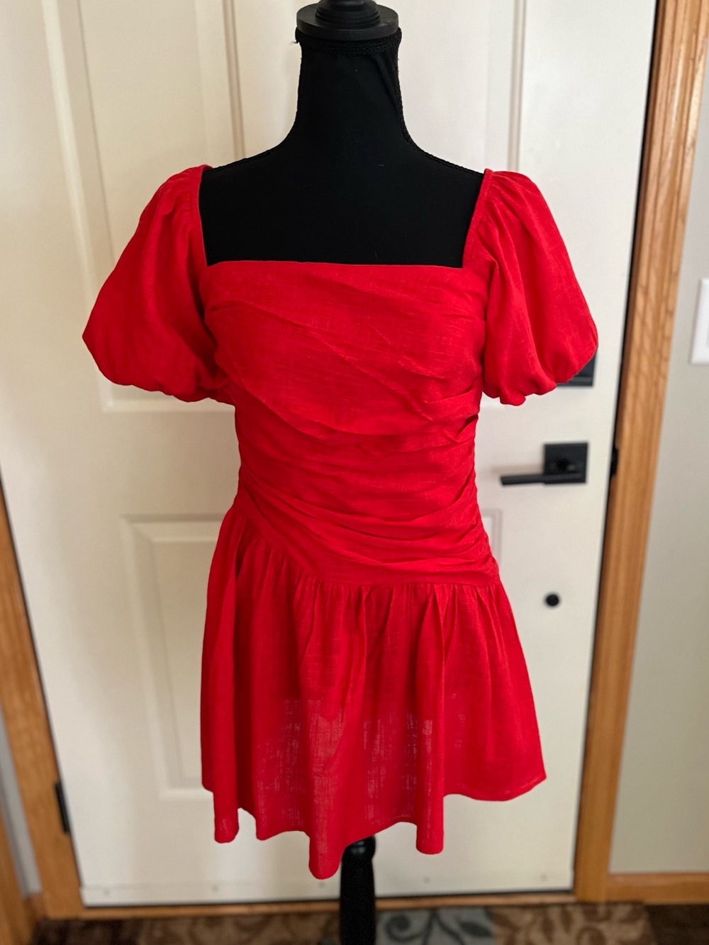Hello Molly Pretty Pals red flowy puff sleeve ruched mini dress.Size 6- medium